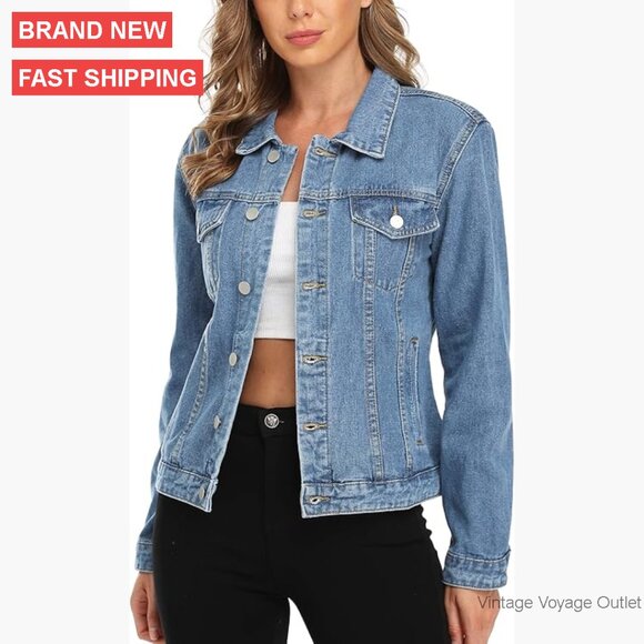 Denim Jacket with Pockets Button Up Long Sleeve Women's Casual Coat